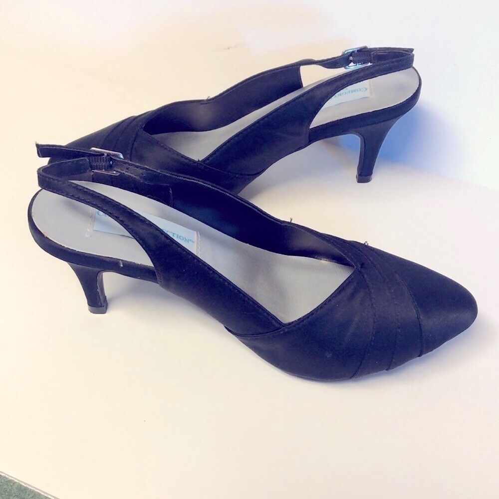 Comfort collection black satin, princess heel, sz 6 1/2